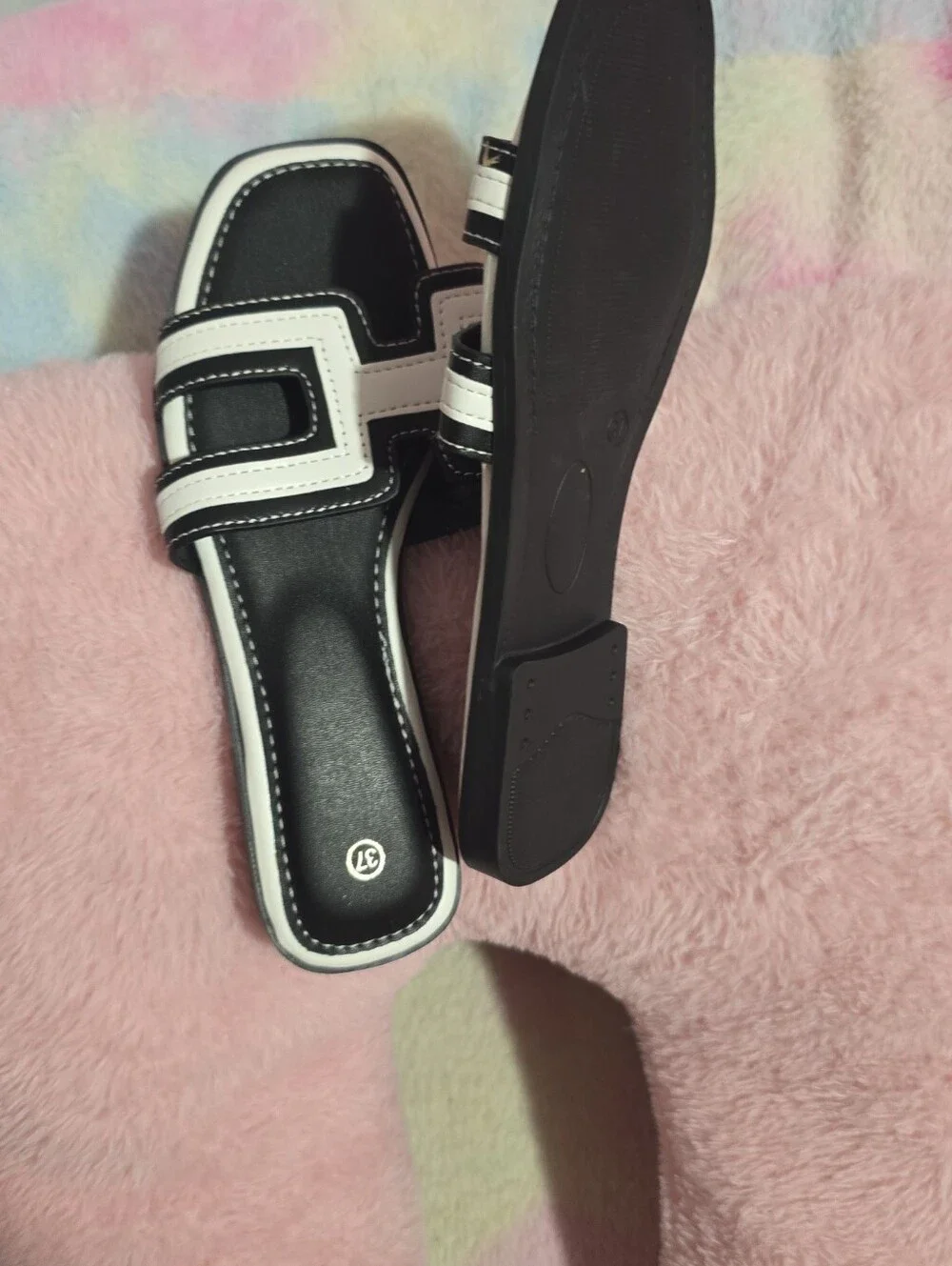 Black and White Slide Sandals - Women